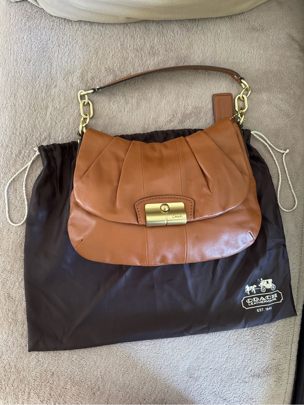 Coach Tan Leather Shoulder Bag with Gold-Tone Lock